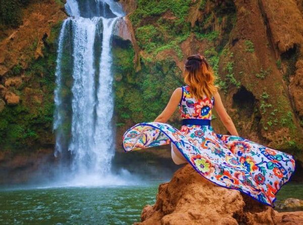 Tourists hiking near the base of Ouzoud Falls