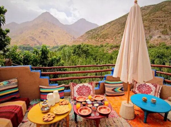 Traditional Moroccan tagine lunch with a mountain view